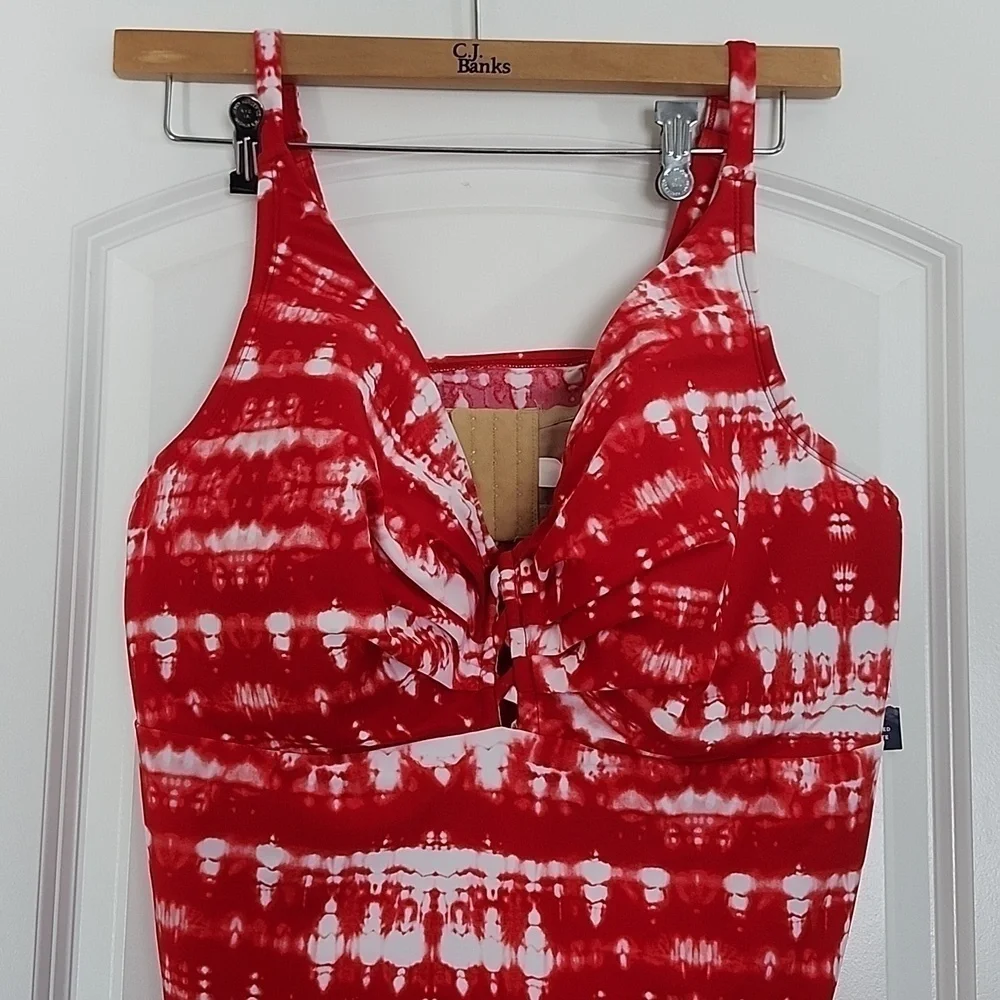 CACIQUE Tankini Top Swim Tie Dye Red White 46DD